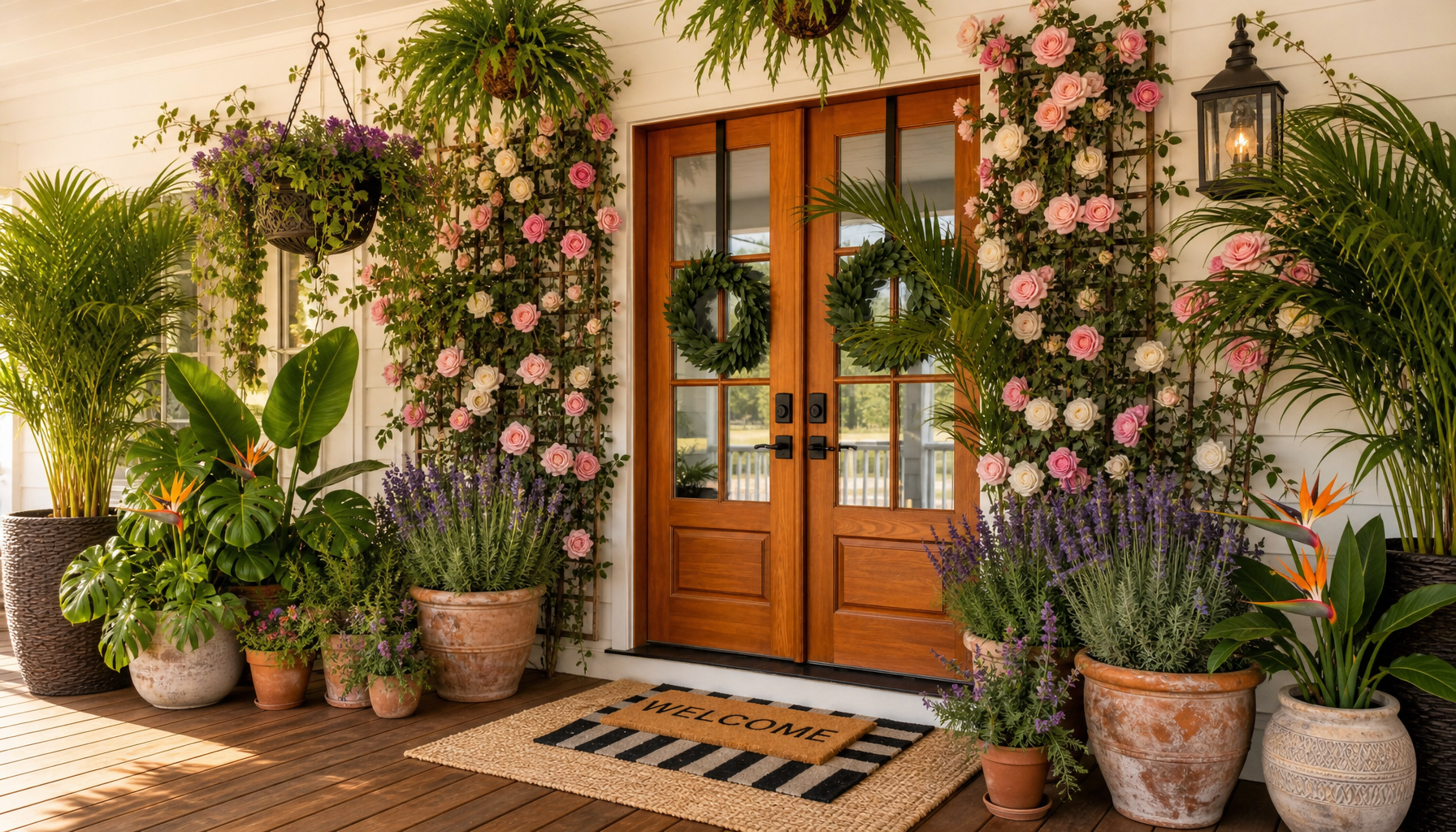European cottage front porch with climbing roses, lavender in terracotta pots, and warm golden hour light