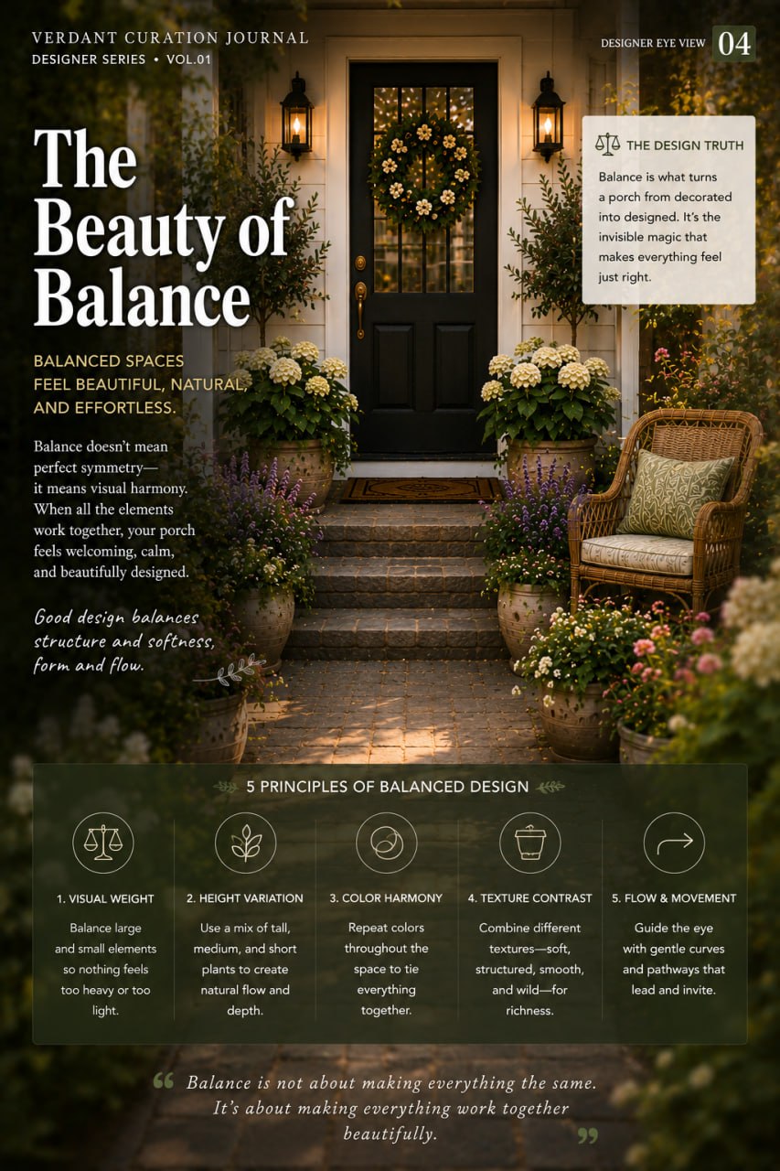 Designer Eye View page 04: The Beauty of Balance — principles of balanced porch design including visual weight, height variation, and texture contrast
