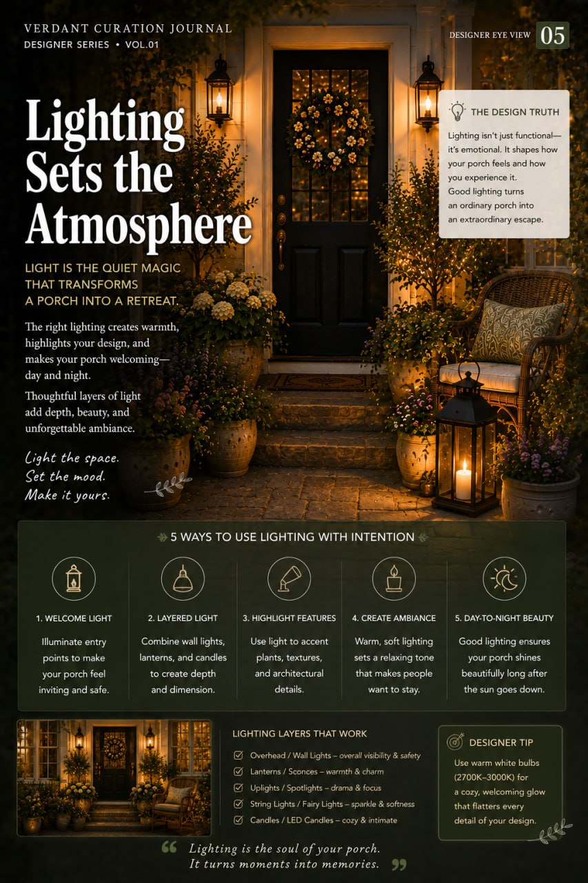 Designer Eye View page 05: Lighting Sets the Atmosphere — five ways to use porch lighting with intention for warmth and ambiance