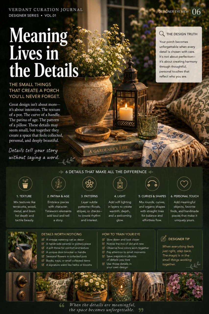 Designer Eye View page 06: Meaning Lives in the Details — small porch details that create a lasting impression including texture, patina, and personal touches