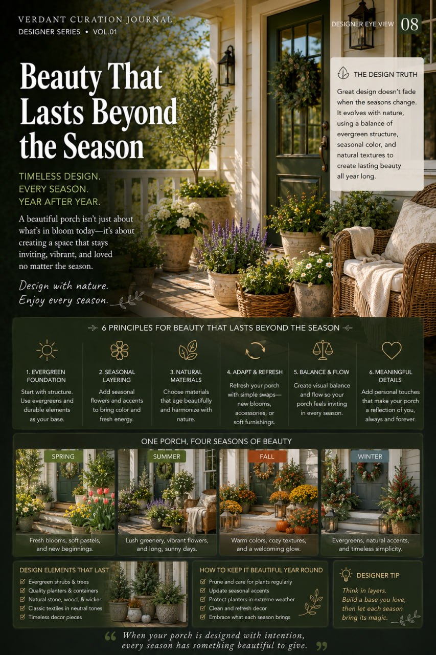 Designer Eye View page 08: Beauty Beyond the Season — designing a porch that stays inviting through all four seasons with evergreen foundations