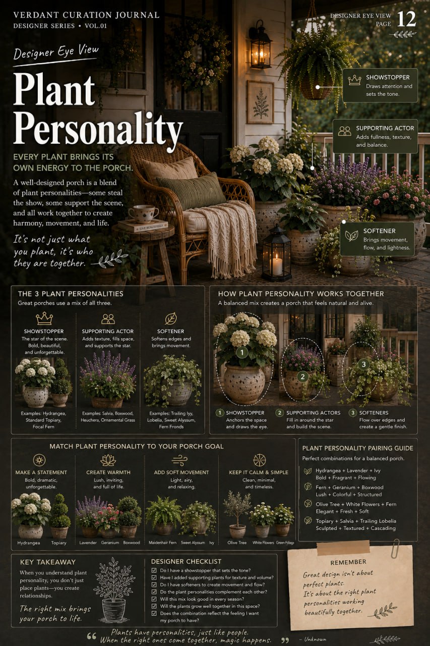 Designer Eye View page 12: Plant Personality — showstopper, supporting actor, and softener plant types that work together for porch harmony