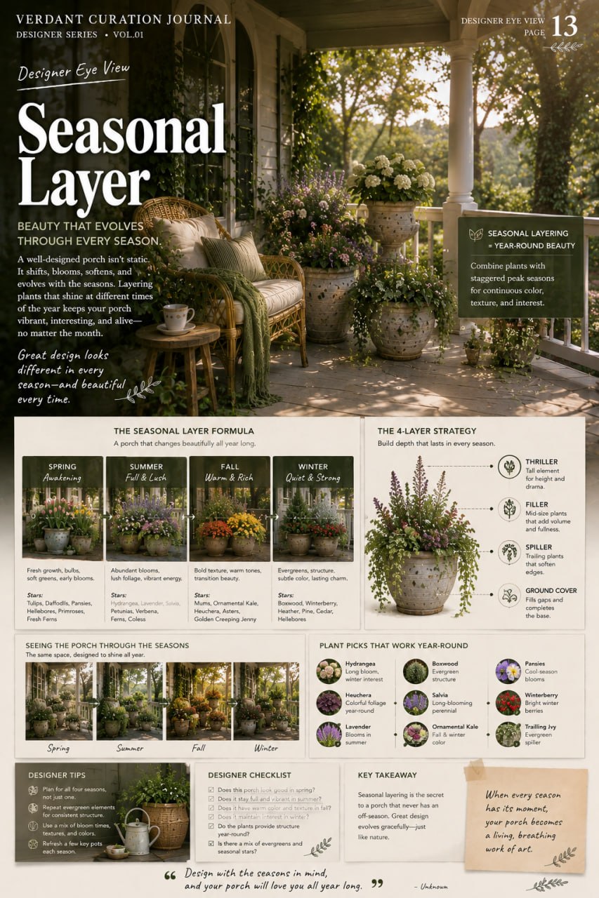 Designer Eye View page 13: Seasonal Layer — the four-layer strategy for porch beauty that evolves through spring, summer, fall, and winter