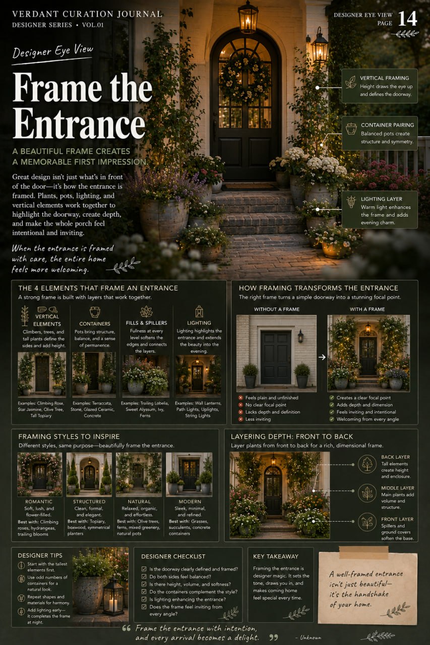 Designer Eye View page 14: Frame the Entrance — four elements that frame a porch entrance: vertical elements, containers, fillers, and lighting