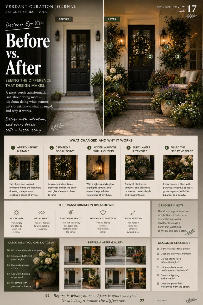 Designer Eye View page 17: Before vs. After — seeing the difference that intentional design makes in a porch transformation