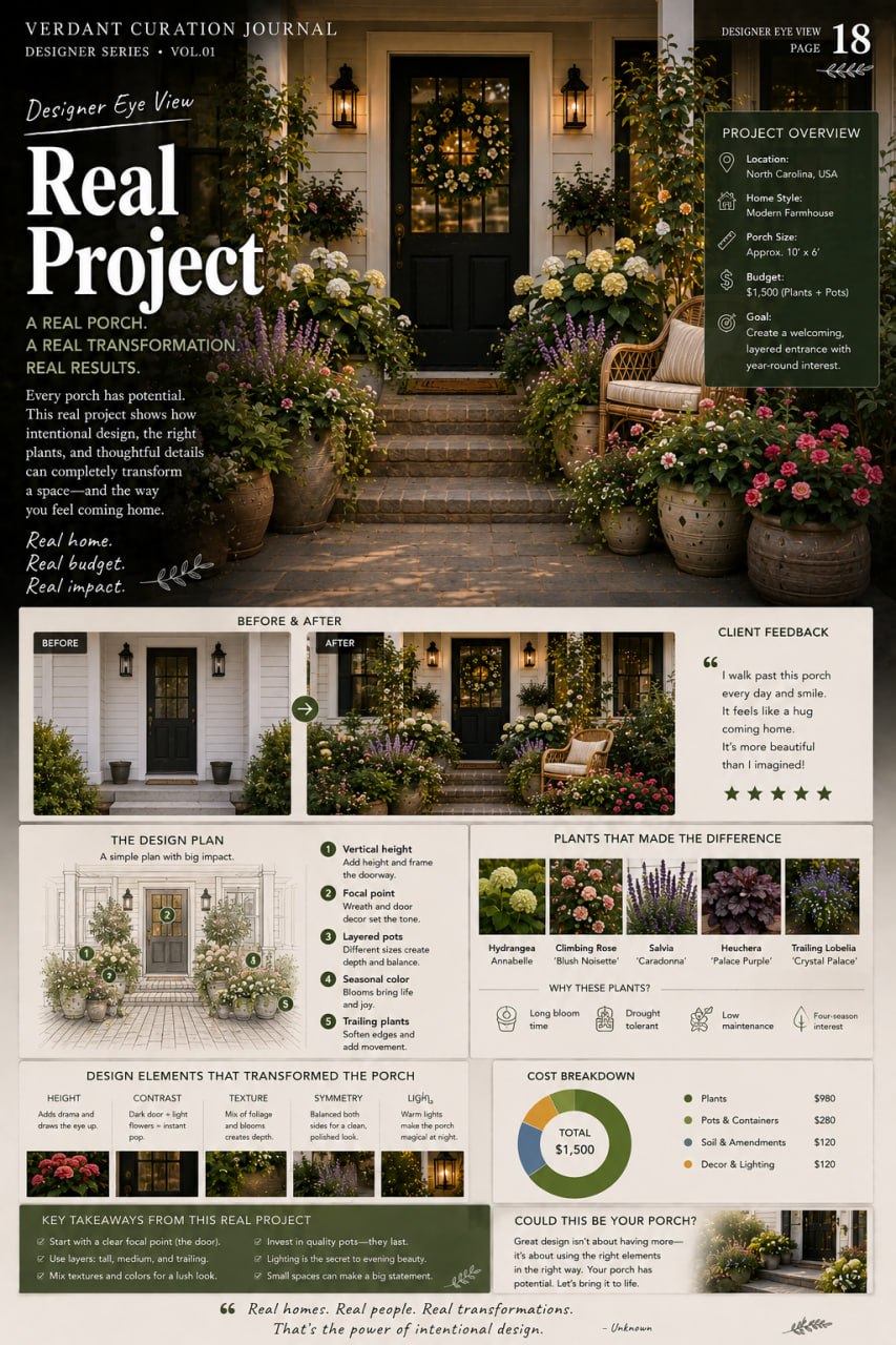 Designer Eye View page 18: Real Project — a real porch transformation with design plan, plant choices, and cost breakdown