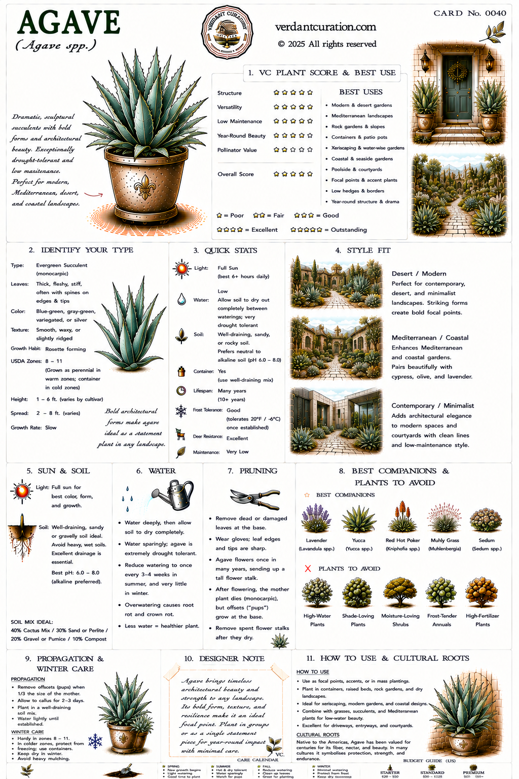Agave Plant Care Card &mdash; VC Score, Quick Stats, Care Guide, Companions, and Designer Notes