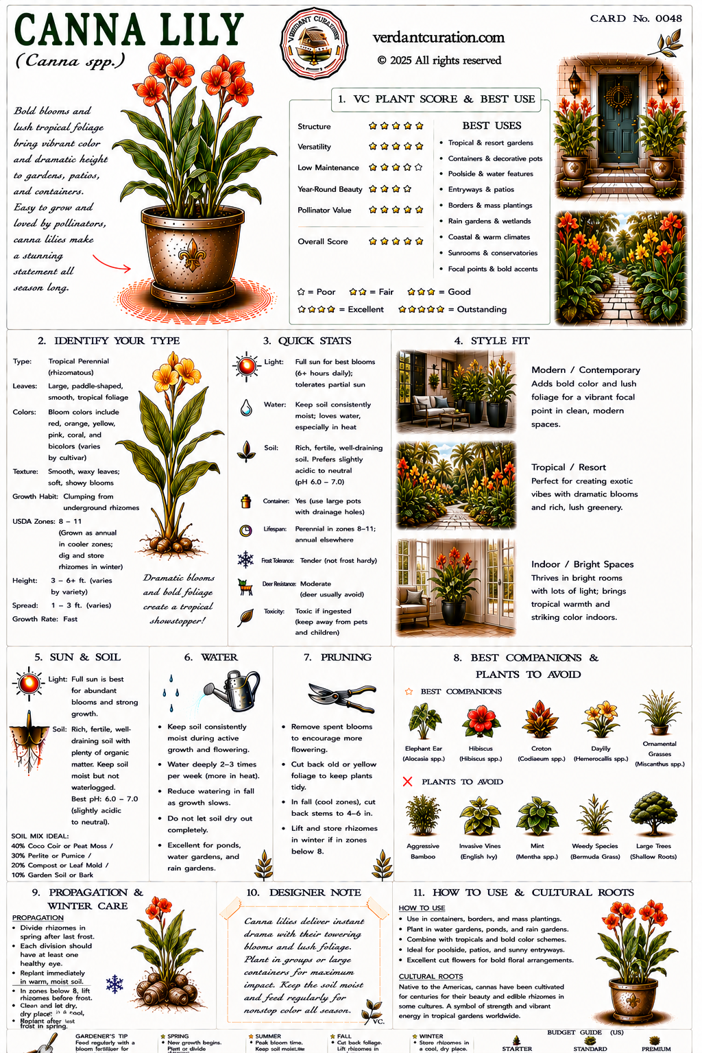 Canna Lily Plant Care Card &mdash; VC Score, Quick Stats, Care Guide, Companions, and Designer Notes