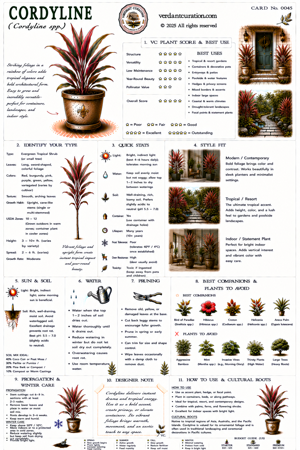 Cordyline Plant Care Card &mdash; VC Score, Quick Stats, Care Guide, Companions, and Designer Notes