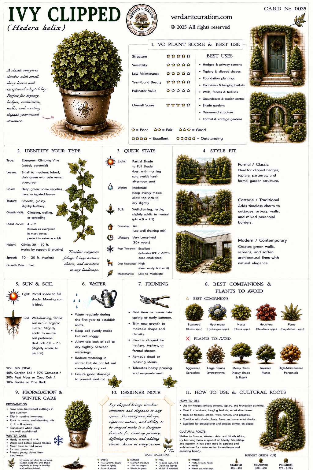 Ivy Clipped Plant Care Card &mdash; VC Score, Quick Stats, Care Guide, Companions, and Designer Notes
