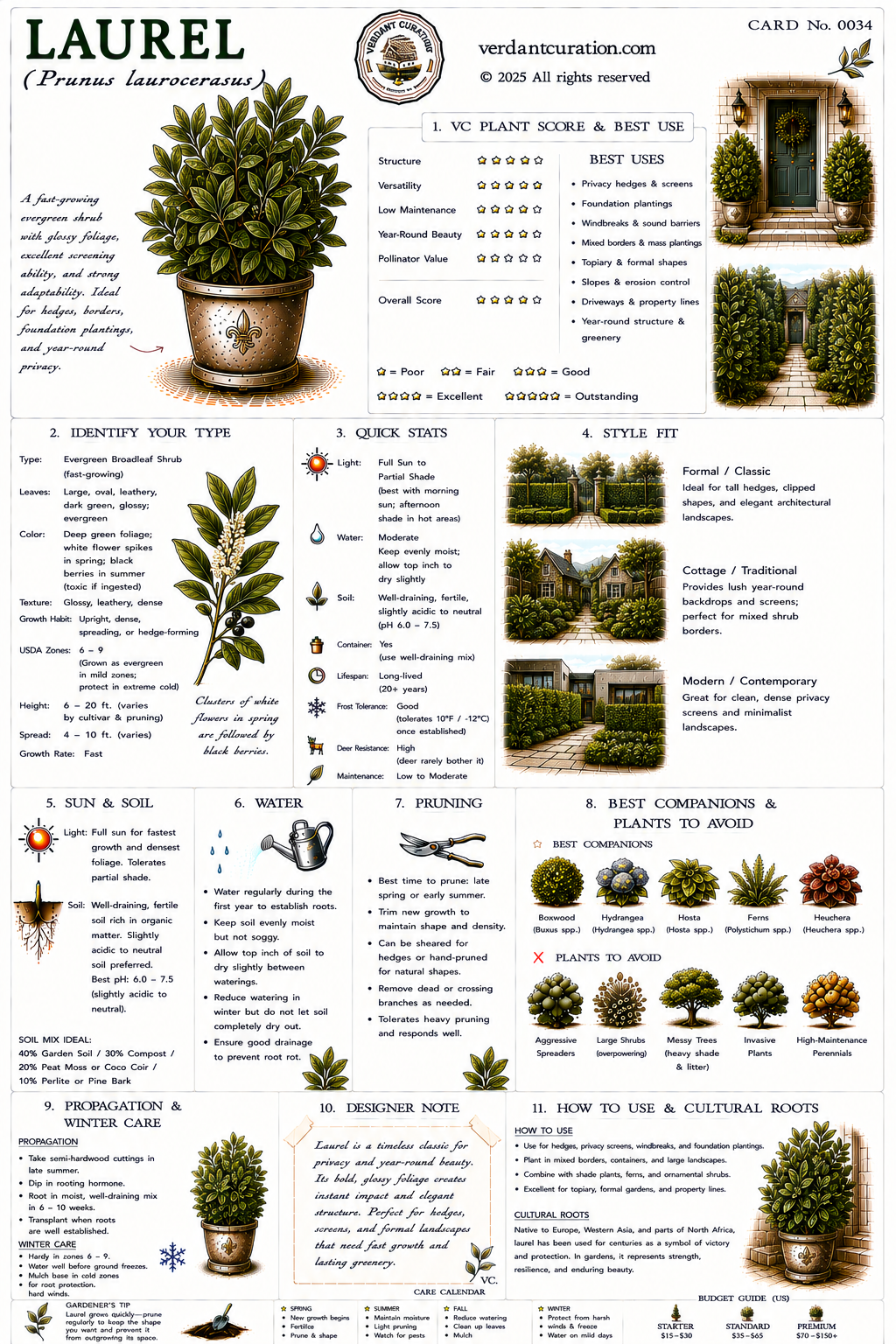 Laurel Plant Care Card &mdash; VC Score, Quick Stats, Care Guide, Companions, and Designer Notes