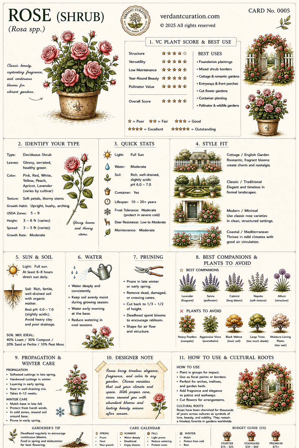 Rose (Shrub) Plant Care Card &mdash; VC Score, Quick Stats, Care Guide, Companions, and Designer Notes