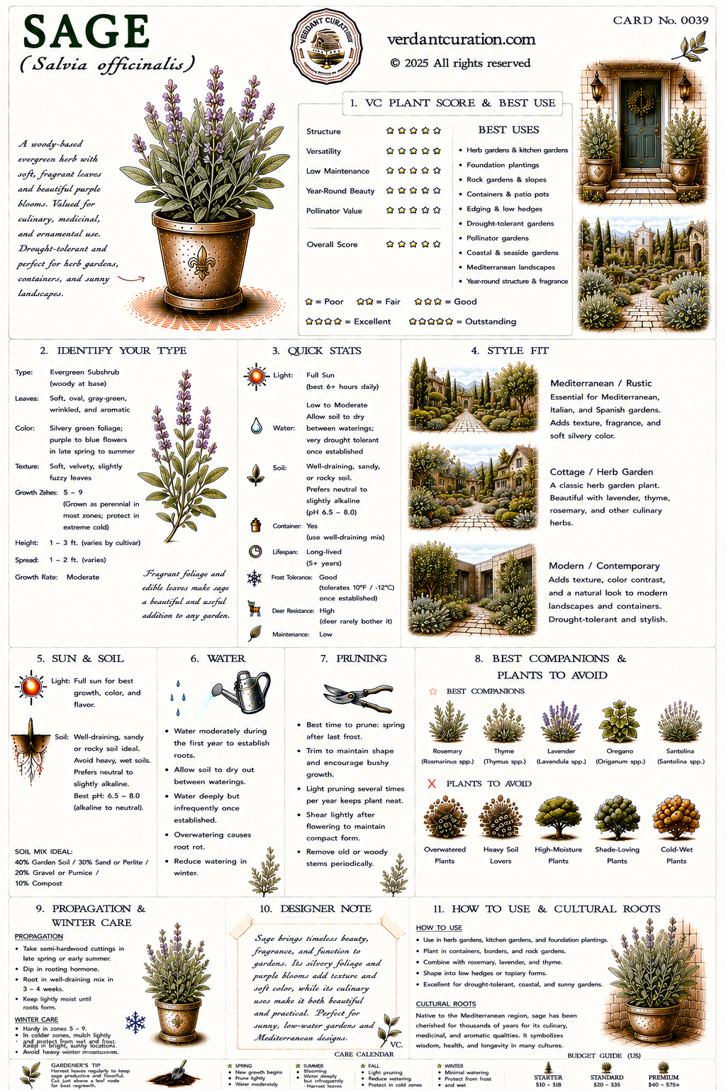 Sage Plant Care Card &mdash; VC Score, Quick Stats, Care Guide, Companions, and Designer Notes