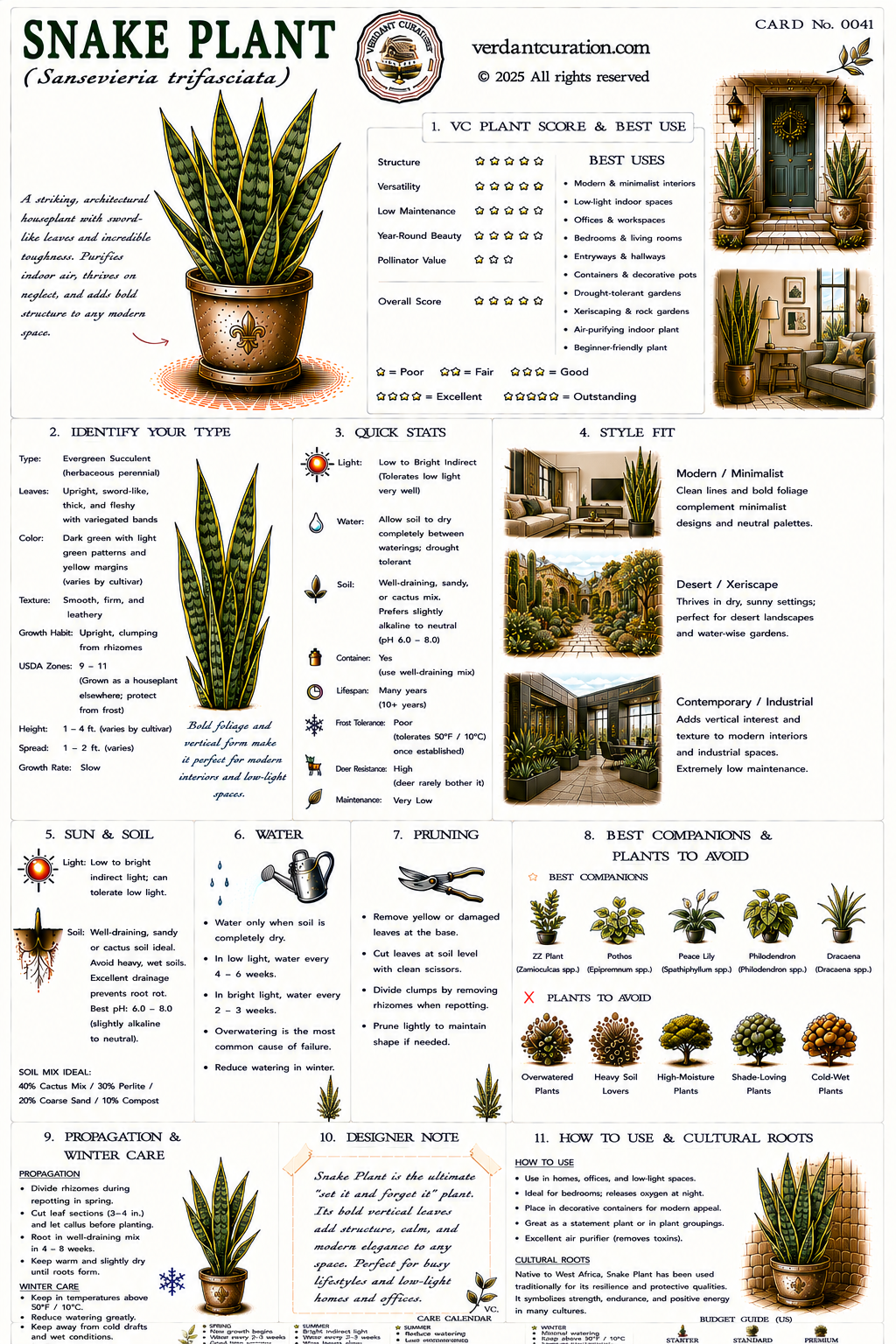 Snake Plant Plant Care Card &mdash; VC Score, Quick Stats, Care Guide, Companions, and Designer Notes
